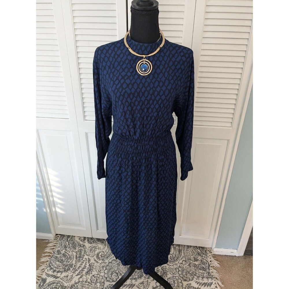 Kin John Lewis Dress Women US 8 Smock Artisan Lagenlook Blue Black Midi Cottage